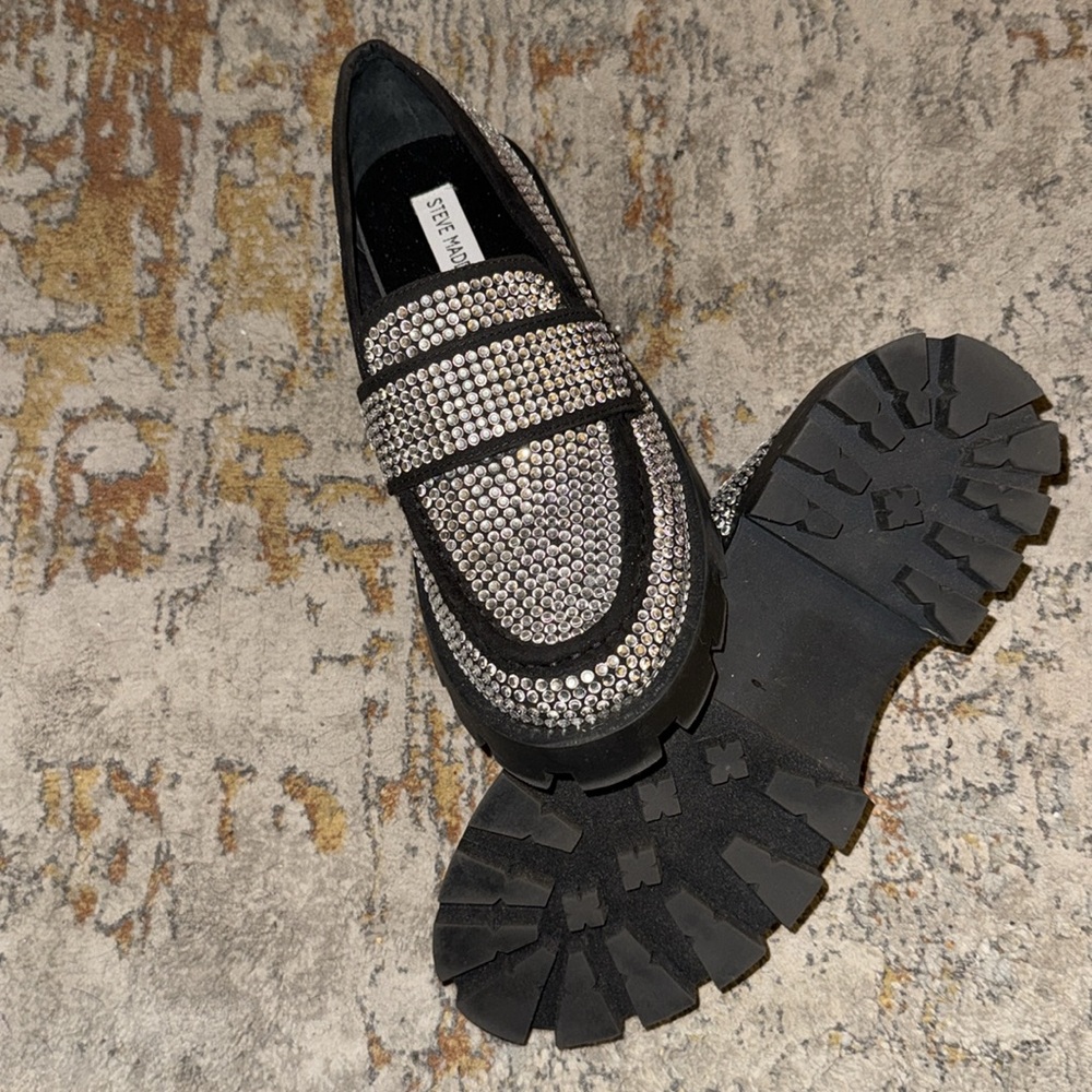 NIB Steve Madden Women's Trifecta Rhinestone Lug-Sole Tailored Loafers 7.5 - Picture 4 of 4